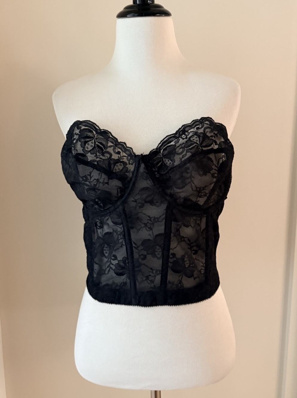 Vintage Black Lace Bustier Bra 42C Underwire Boned Bodice Lingerie Sears